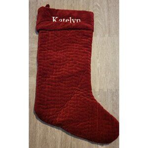 Pottery Barn Large Bergundy Red Velvet Christmas Stocking Embroidered Katelyn